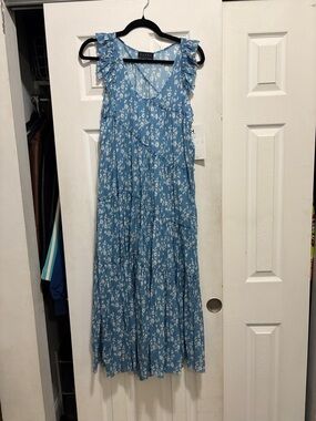 Hatch Blue Floral Maxi Dress with Ruffle Shoulders